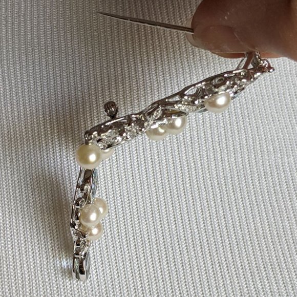 18K/Diamond/Aqua/Pearl Brooch Victorian Style - Picture 4 of 15